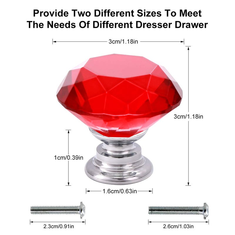 اكستور 10 قطع من مقابض الخزانات الزجاجية الكريستالية من Akstore 30 ملم على شكل الماس درج خزائن المطبخ وخزانة الملابس وخزانة الملابس ومقابض (أحمر) - Image 2